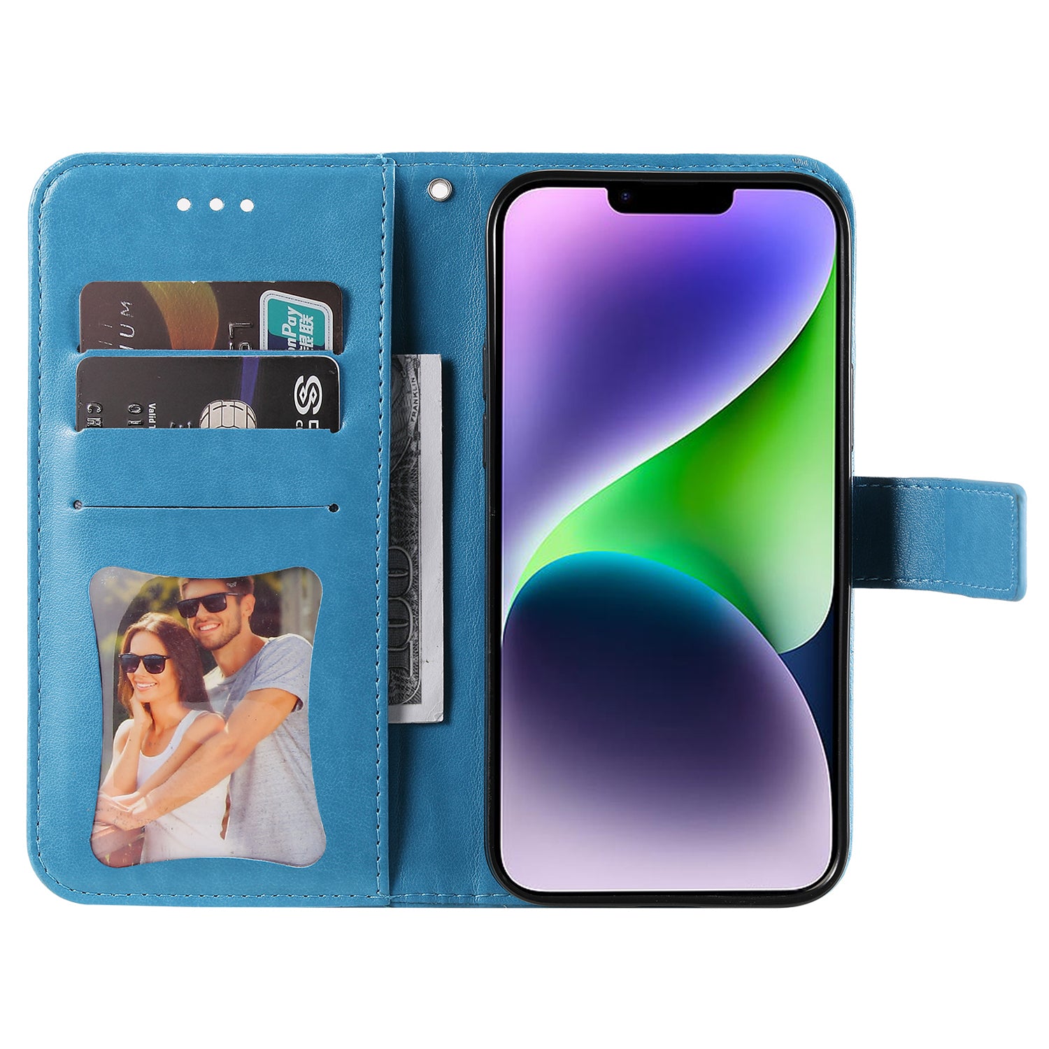 Uniqkart for iPhone 15 Imprinted Flower Pattern Wallet Phone Shell PU Leather Cover Phone Stand Case - Blue Uniqkart for iPhone 15 Imprinted Flower Pattern Wallet Phone Shell PU Leather Cover Phone Stand Case - Blue